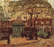 Grant Wood Greenish Bus in Street of Paris USA oil painting artist